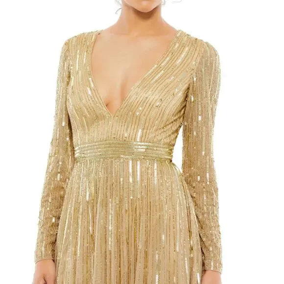 Mac Duggal 4977 Gold Sequin Beaded Illusion Sleeve Gown 4 NWT - Picture 9 of 9